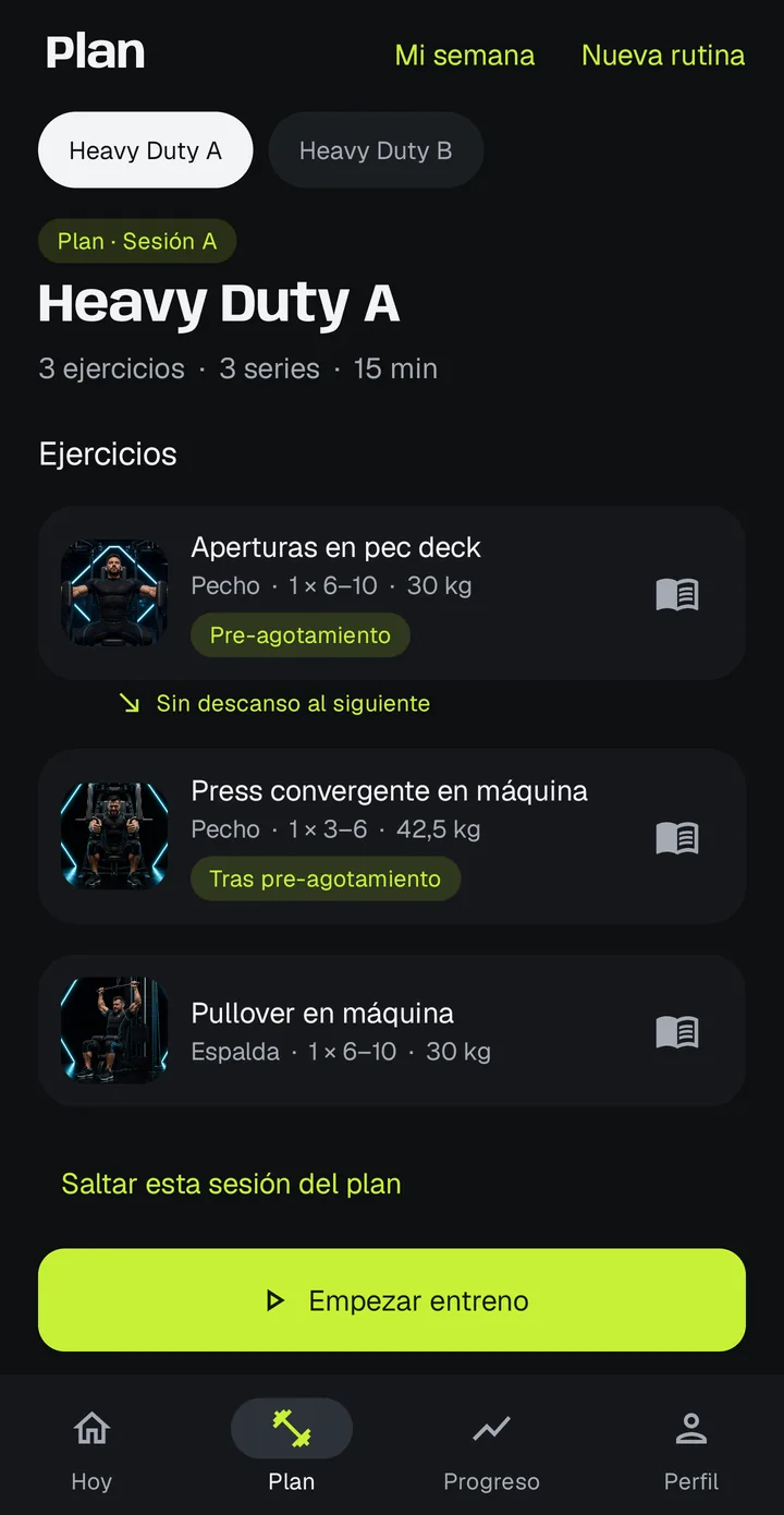 Pantalla del plan: sesión Heavy Duty A con tres ejercicios, una serie de cada uno y la carga indicada